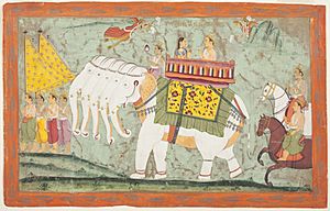 Indra y su esposa Sachi sobre su vehículo Airavata.