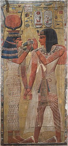 Archivo:Relief de Séthi I et Hathor - Musée du Louvre Antiquités Egyptiennes N 124 ; B 7 ; Champollion n 1
