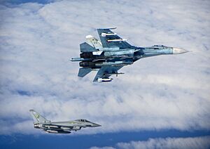 Archivo:Russian SU-27 Flanker with RAF Typhoon MOD 45157730