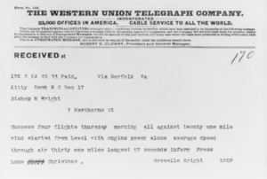 Archivo:Telegram from Orville Wright in Kitty Hawk, North Carolina, to His Father Announcing Four Successful Flights, 1903 December 17
