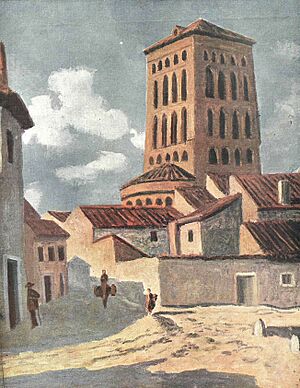 Archivo:1920-11-06, La Esfera, Paisajes españoles.—Una calle de Sahagún, Darío de Regoyos (cropped)