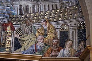 Archivo:Mosaico di cristo in trono tra gli apostoli e le ss. prudenziana e prassede, 410 dc ca. 06