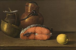 Archivo:Luis Melendez, Still Life with Salmon,Lemon and three Vessels,1772 Museo del Prado Madrid