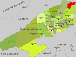 Localización de Pinet con respecto a la comarca del Valle de Albaida