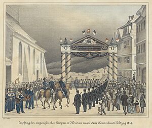 Archivo:Empfang der eidgenössischen Truppen in Herisau nach dem Sonderbunds-Feldzug 1847 gez. v. J. Weiss (cropped)