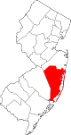 Mapa de Nueva Jersey con la ubicación del condado de Ocean