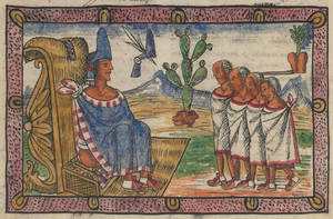 Archivo:Moctezuma II recibiendo una embajada de Huejotzingo durante la guerra con Tlaxcala, en el folio 176v