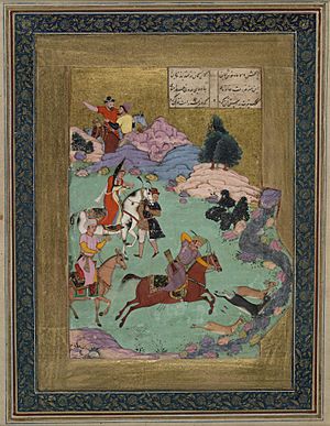 Archivo:Painting depicts Bahram Gur (central figure) on horseback hunting three doe, from a Khamseh of Amir Khusrau Dihlavi.