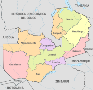 Archivo:Zambia, administrative divisions - es - colored