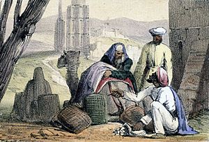Archivo:A print from 1845 shows cowry shells being used as money by an Arab trader