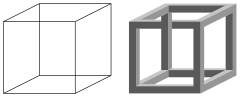 El cubo de Necker a la izquierda, y un cubo «imposible», a la derecha.