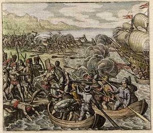 Archivo:Vespucci attacks natives on the island of Ity (color version)