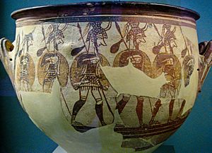 Archivo:Large Krater with Armored Men Departing for Battle, Mycenae acropolis, 12th century BC (3402016857)