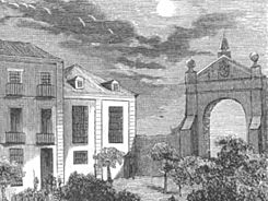 1860, Los misterios del Saladero, Ceferino Tresserra, Vista de la cárcel del Saladero (cropped) Puerta de Santa Bárbara.jpg