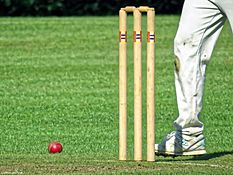Archivo:Cricket ball and wicket at Takeley Cricket Club ground, Essex, England 02