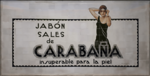 Archivo:Jabón Sales de Carabaña (Baldrich 1924) cartel publicitario de cerámica en la estación de metro Sevilla (Madrid)