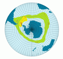 alt=*  ██ Rango geográfico de Pygoscelis papua papua. *  ██ Áreas donde esta subespecie se reproduce.