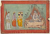 Shiva, Vishnu, and Brahma Adoring Kali, ca. 1740, Basohli,LACMA