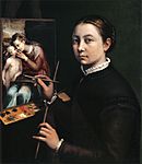 retrato de una mujer con un caballete, pintando una escena de una madre y un hijo Sofonisba Anguissola, Autorretrato, 1554