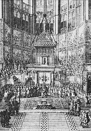 Archivo:Coronation of Louis XIV of France in the Cathédrale Notre-Dame de Reims in 1654 (Almanach royal)