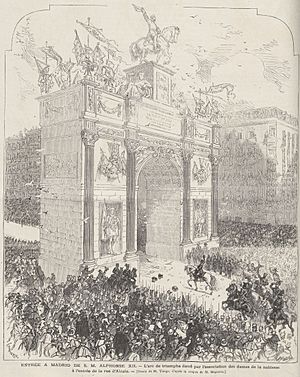 Archivo:Entrée a Madrid de Alphonse XII, l'arc de triomphe élevé par l'association des dames de la noblesse à l'entrée de la rue d'Alcala, de Vierge