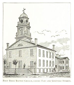 Archivo:FARMER(1884) Detroit, p657 BAPTIST CHURCH, CORNER OF FORT AND GRISWOLD STREETS - FIRST BRICK BUILDING