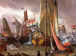 Archivo:Practice fight of the Dutch Fleet in the honour of Tzar Peter the Great, 1 Sept 1697 by Abrakham Storck (fragment 1)