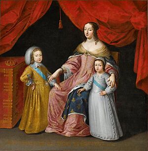 Archivo:Anne of Austria (Queen mother) with her two sons Louis XIV of France and Philippe, Duke of Orléans (unknown artist)