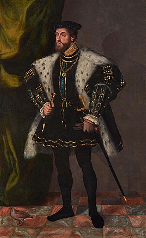 Archivo:Carlos V con un capotillo forrado en lobos cervales (Palacio Real de La Almudaina)