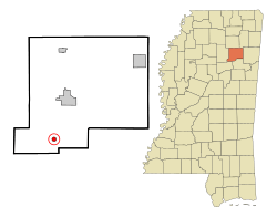 Chickasaw County Mississippi Incorporated and Unincorporated areas Woodland Highlighted.svg