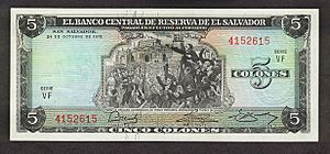 Archivo:Imagén de un billete de cinco colones alvadoreños que portaba la imagen del 'Pimer Grito de Independencia de 1811' de Vicente Ahumada