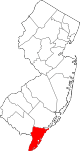 Mapa de Nueva Jersey con la ubicación del condado de Cape May