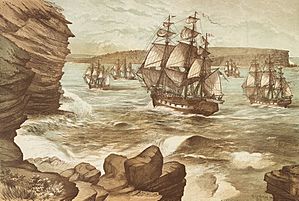 Archivo:The First Fleet entering Port Jackson, January 26, 1788, drawn 1888 A9333001h