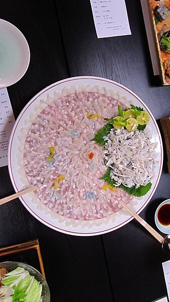 Thin sliced fugu sashimi plate