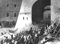 1875-07-08, La Ilustración Española y Americana, Tarragona, Entrada del general Martínez Campos en el castillo de Miravet al frente de las tropas, el 24 de junio (cropped)