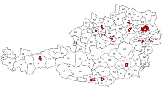Archivo:Bezirke Österreichs Statutarstädte Kennzeichen