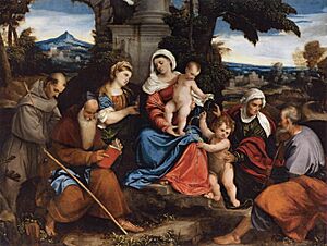 Archivo:Bonifazio Veronese Sagrada Familia con santos 1525 Louvre