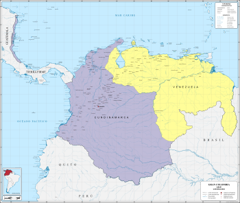 División política de la Gran Colombia en 1819, excluyendo a Panamá y Ecuador que continuaban bajo el dominio español.