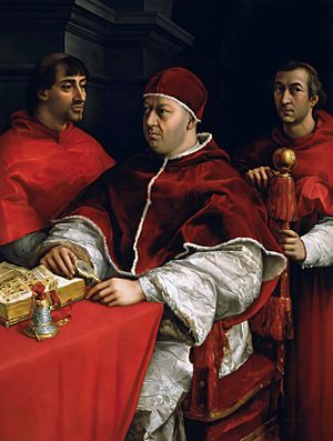 Archivo:Portrait of Pope Leo X and his cousins, cardinals Giulio de' Medici and Luigi de' Rossi (by Raphael)