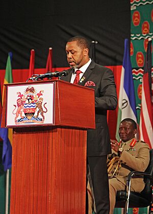Saulos Klaus Chilima, vice president of Malawi speaks during the African Land Forces Summit 2017.jpg