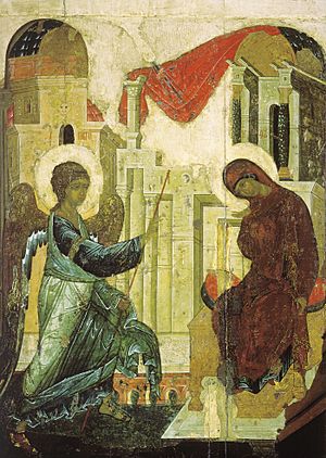 Archivo:Annunciation from Vasilyevskiy chin (1408, Tretyakov gallery)