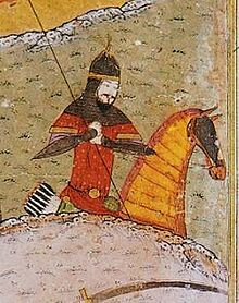 Battle between Timur and Toqtamish Khan in 1391. Zafarnama of 1436 (Toqtamish detail).jpg