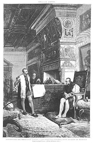 Archivo:1887-01-15, La Ilustración Española y Americana, Entrevista del emperador Carlos V con Francisco Pizarro, en el alcázar de Toledo, Lizcano, Vela