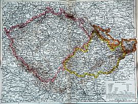 Mapa histórico de Bohemia (Bohemia: rosa; Moravia: amarillo; Silesia Austriaca/Bohemia: naranja).