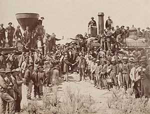 Archivo:East and West Shaking hands at the laying of last rail Union Pacific Railroad - Restoration