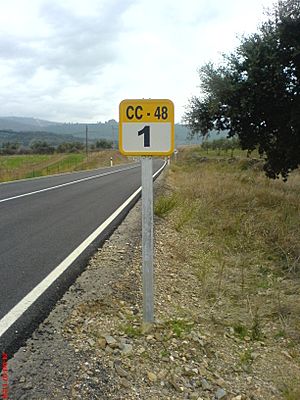 Archivo:Hito kilométrico de carreteras de la Diputación Provincial de Cáceres