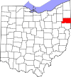 Mapa de Ohio con la ubicación del condado de Mahoning