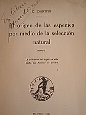 Archivo:Portada El origen de las especies Darwin ed. 1921 biblioteca Gustavo Sandoval López nombre traductor 01