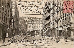 Archivo:Lyon - Rue Octavio Mey et Gare Saint-Paul (flamme de 1904)