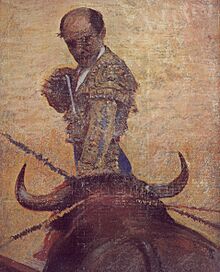 1914-08-04, La Lidia, Rafael Gómez, el Gallo, entrando á matar, en las corridas de feria de Valencia, dibujo al pastel por A. Durá (cropped).jpg